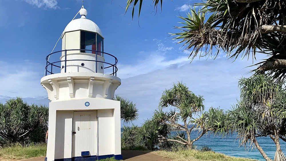 The white lighthouse on the headland at Fingal Head, framed by pandanus